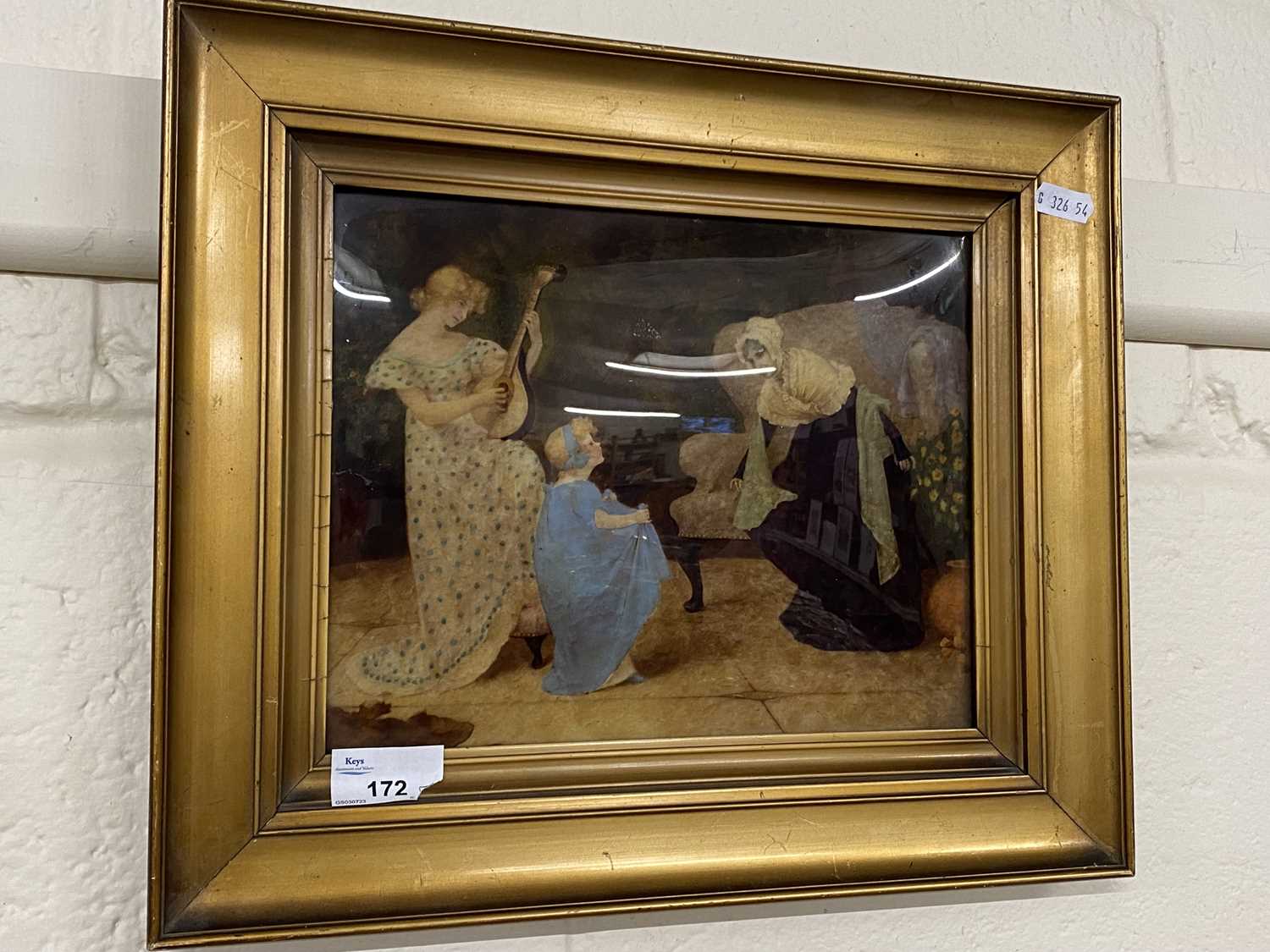 Victorian Crystoleum showing an interior scene with figures, set in a gilt frame