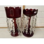 Two non matching ruby glass and lustre vases