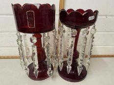 Two non matching ruby glass and lustre vases
