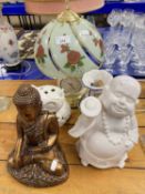 Mixed Lot: Buddha ornaments, table lamp etc