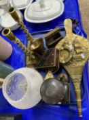 Mixed Lot: Various brass wares to include bellows, candlesticks, plus further table lamp, a