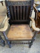 Early 20th Century oak carver chair with leather upholstered seta