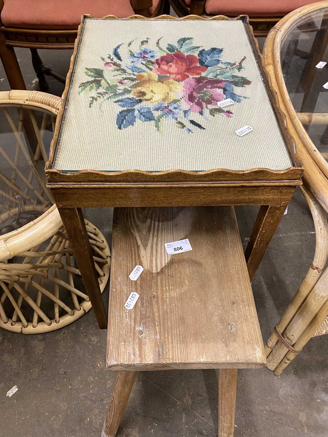 Needlework and glass topped side table together with a pine stool