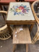 Needlework and glass topped side table together with a pine stool