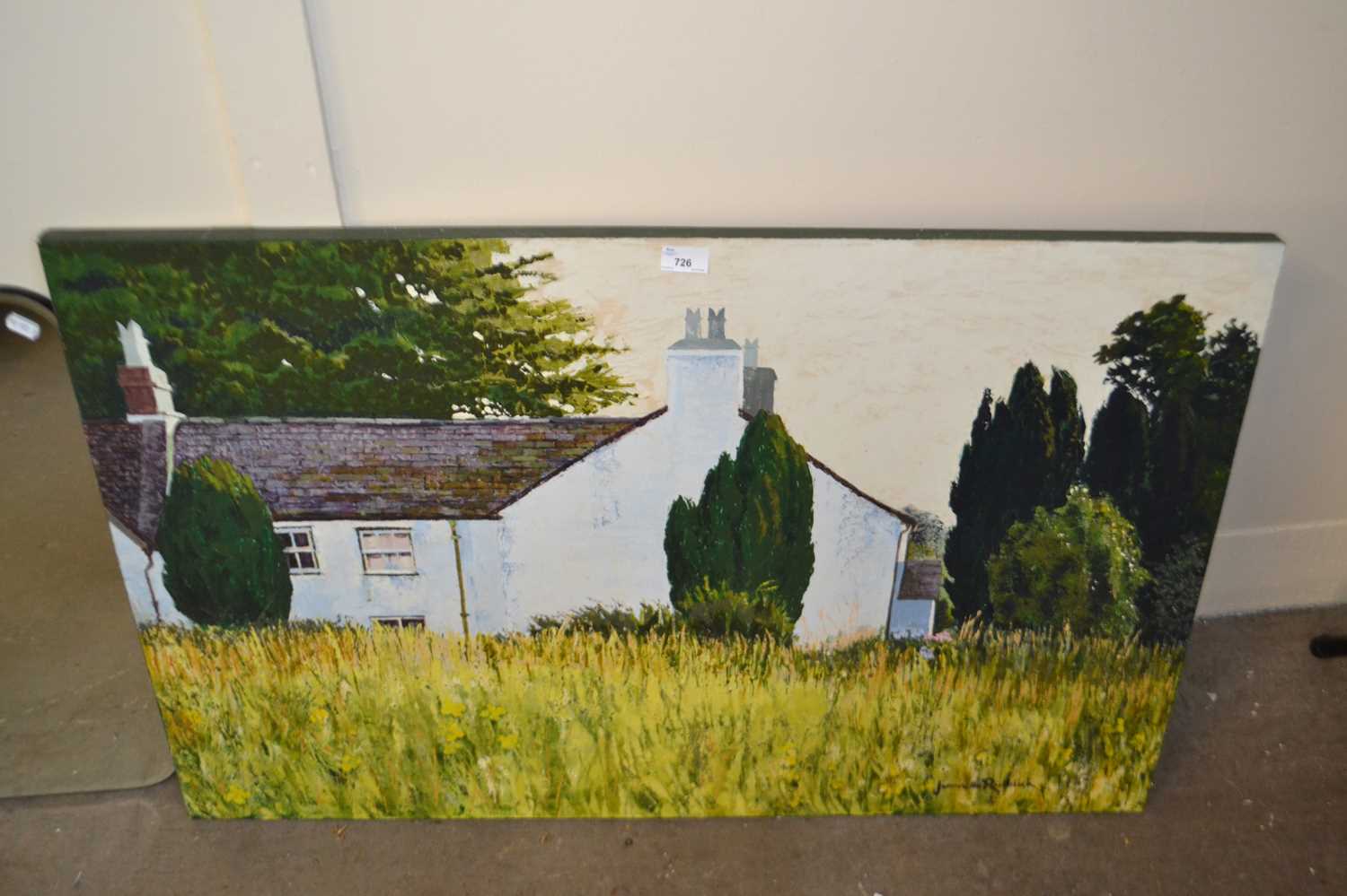 Jeanette Ruddick, study of a white painted house, oil on board, unframed