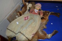 Vintage fabric bodied doll together with a fox skin