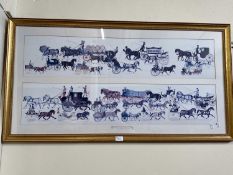 Reproduction print of horse and carriages, framed and glazed