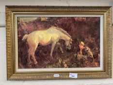 Study of a white horse and a man resting, reproduction print in gilt frame