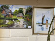 Cley windmill by Tony Bryant 99, print, framed and glazed together with country street scene, oil on