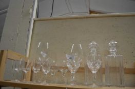 Mixed quantity of glass ware to include two decanters, large wine glasses, spirit glasses etc