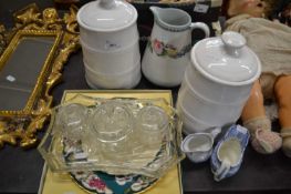 Mixed Lot: Ceramics and glass to include a pressed glass dressing table set, two white glazed