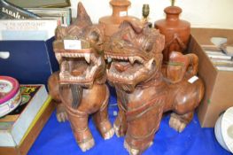 Pair of wooden carved Far Eastern style dogs of fo