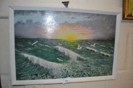 Ocean view with seagulls, oil on board, signed H Vass