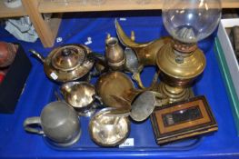 Tray of mixed items to include silver plated tea set, oil lamp, Middle Eastern coffee pot and