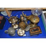 Tray of mixed items to include silver plated tea set, oil lamp, Middle Eastern coffee pot and