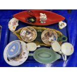 Tray of mixed items to include Royal Doulton jugs, various dishes, Wedgwood Jasper ware trinket box,