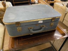 Vintage suitcase, plastic bamboo tray and three lounge cushions