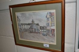 Pen and wash view of North Walsham by Brian Otter, framed and glazed