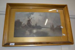 Evening river scene with windmills beyond, framed and glazed