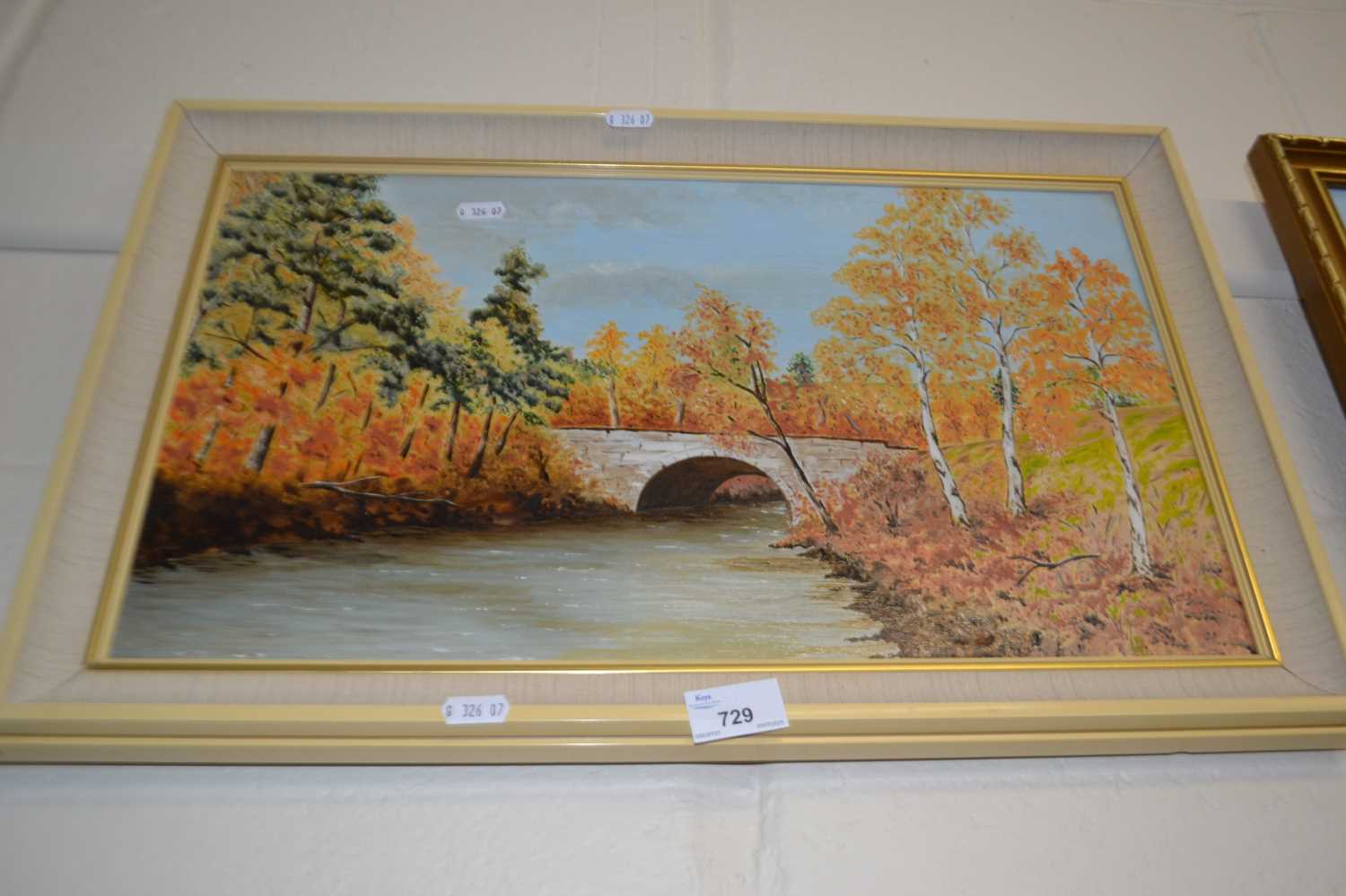 View of a bridge in autumn, oil on panel, framed