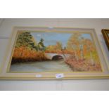 View of a bridge in autumn, oil on panel, framed