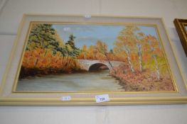 View of a bridge in autumn, oil on panel, framed