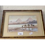 20th Century school study of an Egyptian scene, pyramids, watercolour, framed and glazed
