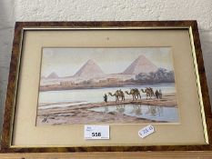 20th Century school study of an Egyptian scene, pyramids, watercolour, framed and glazed