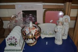 Tray of mixed items to include a Crown Derby sauce tureen (repaired), pair of various figurines,