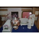 Tray of mixed items to include a Crown Derby sauce tureen (repaired), pair of various figurines,