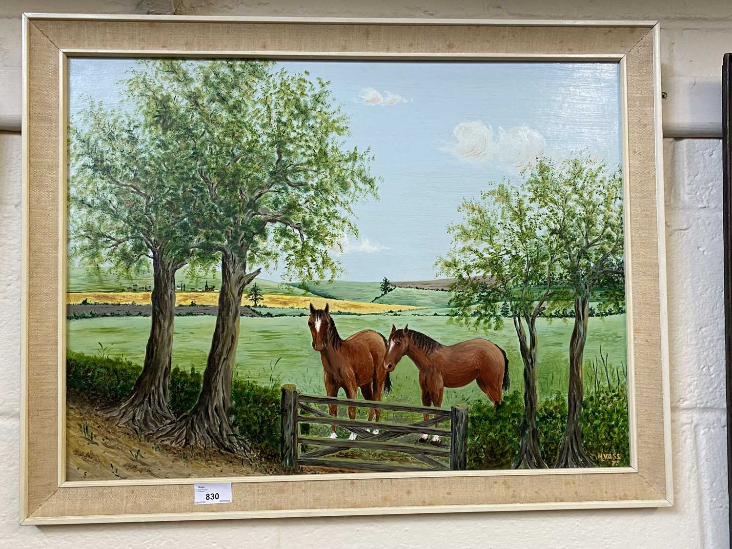 Study of two horses in a field, signed H Vass 75, acrylic on board