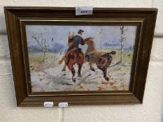 A reproduction impressionistic print of a rider and two horses, framed