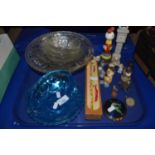 A tray of various assorted ornaments, glass dishes etc