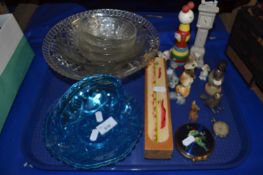 A tray of various assorted ornaments, glass dishes etc