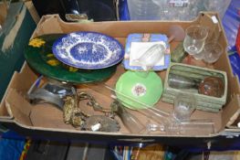 One box of various mixed ceramics, glass wares, Oriental brass model of a crane riding a tortoise