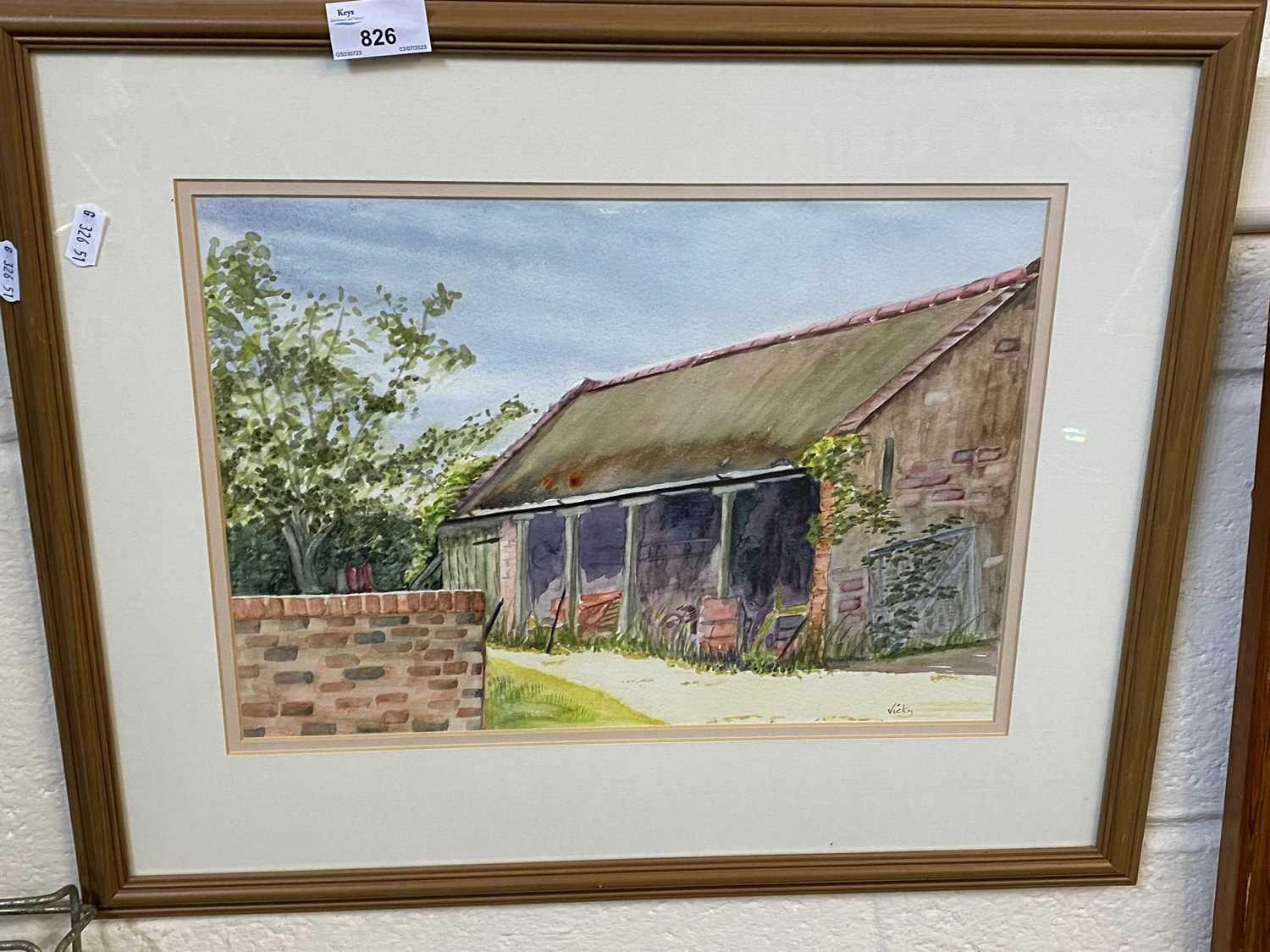 Study of a barn, signed Vicky, watercolour, framed and glazed