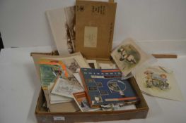 Box of mixed items to include first day covers, junior stamp album, various assorted prints,