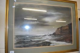 Contemporary school study of a beach scene, initialled RAS, gilt framed, 85cm wide