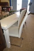 Rectangular white finish side table together with two chrome based chairs (3)