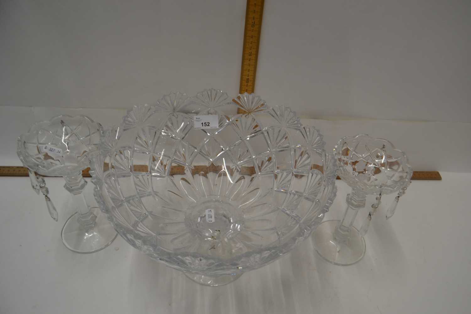 Pair of glass candlesticks together with a large glass pedestal bowl