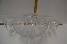 Pair of glass candlesticks together with a large glass pedestal bowl