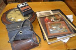 Mixed Lot: Late 19th Century wall clock for repair, assorted cameras, coloured prints etc