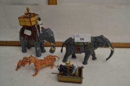 Mixed Lot: Cast metal model elephants, tigers and figures