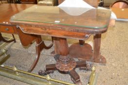 Victorian rosewood veneered fold top card table raised on four scroll feet, approx 90cm wide