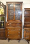 Reproduction oak bureau bookcase cabinet with lead glazed top section, 76cm wide