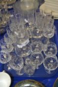 Tray of various assorted clear drinking glasses