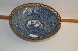 20th Century blue and white metal mounted fruit bowl