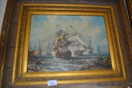 Reproduction oleograph print naval battle scene, gilt framed