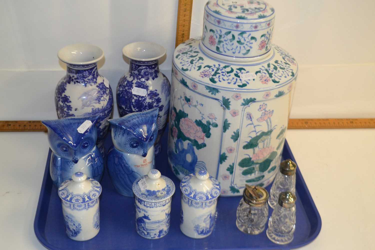 Mixed Lot: Large modern Oriental porcelain jar decorated with flowers, various vases, cruet items,