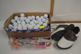 Box of various golf balls, Spalding golf shoes, bag of golf tees etc